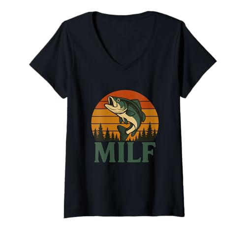 Damen Milf Retro Angeln Sonnenuntergang Barsch Kiefer Humor T-Shirt mit V-Ausschnitt Damen Milf Retro Angeln Sonnenuntergang Barsch Kiefer Humor T-Shirt mit V-Ausschnitt von Vintage Streifen MILF Angler Seeleben Dad Witz