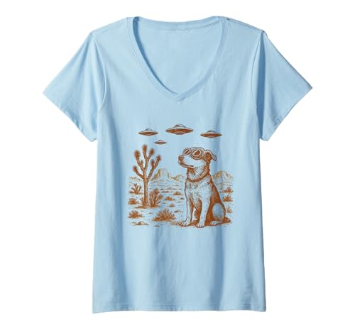 Damen Retro Hund UFO Wüste Vintage Illustration Alien Sci-Fi Kunst T-Shirt mit V-Ausschnitt Damen Retro Hund UFO Wüste Vintage Illustration Alien Sci-Fi Kunst T-Shirt mit V-Ausschnitt von Vintage Style UFO Lover Cosmic Canine Aliens