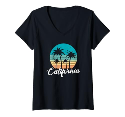 Damen Vintage California Sunset Palmen 80er Jahre Stil Grafik T-Shirt mit V-Ausschnitt Damen Vintage California Sunset Palmen 80er Jahre Stil Grafik T-Shirt mit V-Ausschnitt von Vintage Sunset California Beach Vacation Design