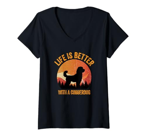 Damen Das Leben ist besser mit einem Cobberdog, einem Wanderhund, Retro-Hund T-Shirt mit V-Ausschnitt von Vintage Sunset Puppy Australian Cobberdog Dog