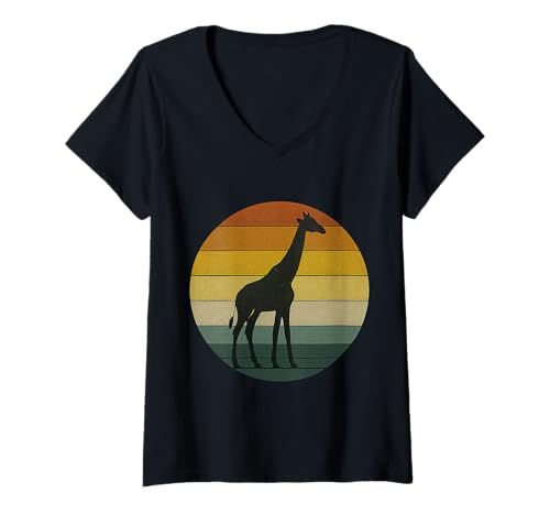 Damen Giraffe Silhouette Vintage Sunset Grafik T-Shirt mit V-Ausschnitt Damen Giraffe Silhouette Vintage Sunset Grafik T-Shirt mit V-Ausschnitt von Vintage Sunset Retro Animals