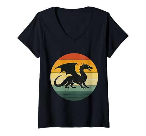 Damen Retro Dragon Silhouette Vintage Style Art Kunst T-Shirt mit V-Ausschnitt Damen Retro Dragon Silhouette Vintage Style Art Kunst T-Shirt mit V-Ausschnitt von Vintage Sunset Retro Animals