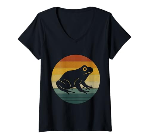 Damen Retro -Frosch Sonnenuntergang T-Shirt mit V-Ausschnitt Damen Retro -Frosch Sonnenuntergang T-Shirt mit V-Ausschnitt von Vintage Sunset Retro Animals