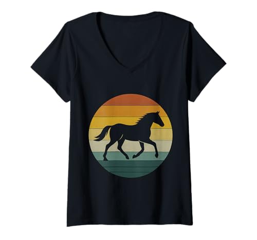 Damen Vintage Galoppierter Pferde -Sonnenuntergang Logo T-Shirt mit V-Ausschnitt Damen Vintage Galoppierter Pferde -Sonnenuntergang Logo T-Shirt mit V-Ausschnitt von Vintage Sunset Retro Animals
