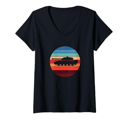 Damen Retro Sunset Tank Silhouette Militärpanzer T-Shirt mit V-Ausschnitt Damen Retro Sunset Tank Silhouette Militärpanzer T-Shirt mit V-Ausschnitt von Vintage Sunset Tank Warfare Retro Graphic