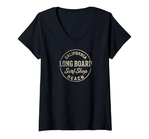 Damen California Beach Longboard Surf Shop Vintage Retro T-Shirt mit V-Ausschnitt Damen California Beach Longboard Surf Shop Vintage Retro T-Shirt mit V-Ausschnitt von Vintage Surf Designs