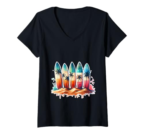Damen Surfer Surfboard Beach Summer Retro Hawaiian Ocean Tropics T-Shirt mit V-Ausschnitt Damen Surfer Surfboard Beach Summer Retro Hawaiian Ocean Tropics T-Shirt mit V-Ausschnitt von Vintage Surfboard Ocean Beach Wave Tropic Surfwear
