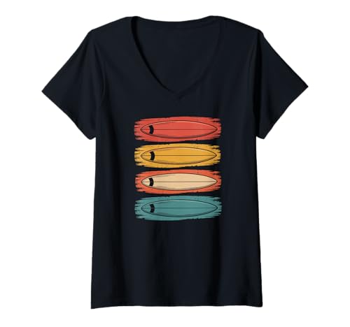 Damen Bunte Surfbretter Retro Vibes 70s Surf Style Sommer T-Shirt mit V-Ausschnitt Damen Bunte Surfbretter Retro Vibes 70s Surf Style Sommer T-Shirt mit V-Ausschnitt von Vintage Surfen Abenteuer Lifestyle Retro Strand