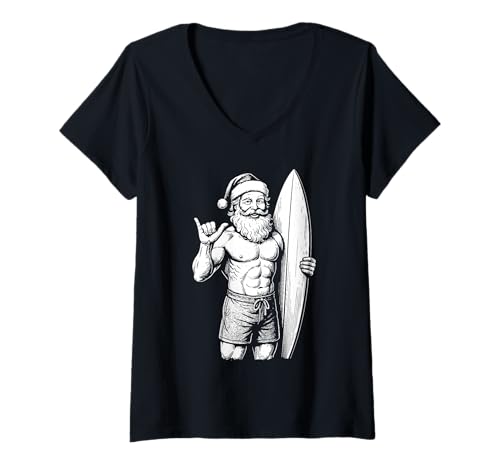 Damen Surfer Santa Shaka Schild Vintage Weihnachten Surfen T-Shirt mit V-Ausschnitt Damen Surfer Santa Shaka Schild Vintage Weihnachten Surfen T-Shirt mit V-Ausschnitt von Vintage Surfing Santa Claus Surf XMAS Holidays