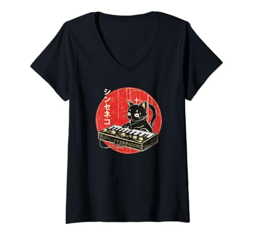 Damen Cat Synthesizer Japanese Analog Synth Cat Vintage Analog T-Shirt mit V-Ausschnitt von Vintage Synthesizer Cat Playing Synth Japanese