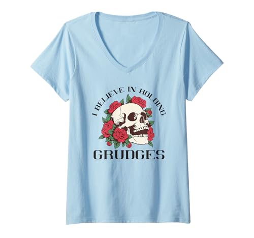 Damen Ich glaube an Holding Grudges Skull and Roses T-Shirt mit V-Ausschnitt von Vintage Tattoo Skull and Roses Sarcastic Humor