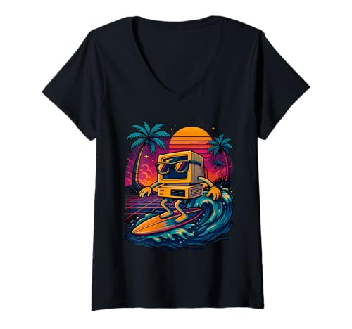 Damen Retro Computer Surfen Synthwave Summer Vibes Strand T-Shirt mit V-Ausschnitt Damen Retro Computer Surfen Synthwave Summer Vibes Strand T-Shirt mit V-Ausschnitt von Vintage Tech Summer Vibes Apparel