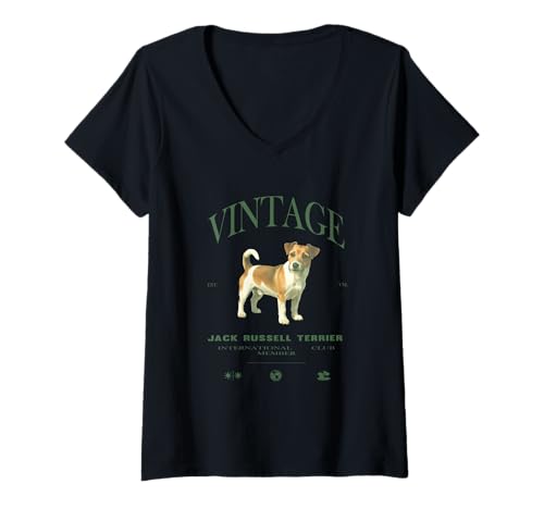 Damen Jack Russell Terrier Hund Vintage T-Shirt mit V-Ausschnitt von Vintage Terrier Lover Clo.