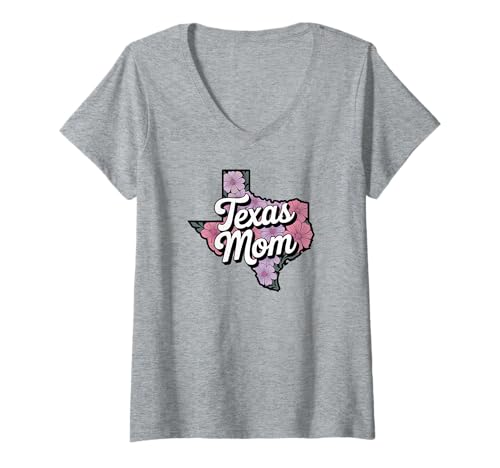 Damen Texas Mom Cute Floral State Outline Design T-Shirt mit V-Ausschnitt von Vintage Texas Apparel for Women