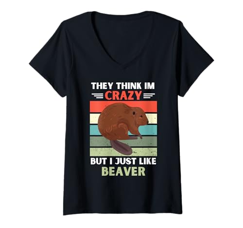 Damen Vintage They Think I'm Crazy But I Just Like Beaver Lover T-Shirt mit V-Ausschnitt Damen Vintage They Think I'm Crazy But I Just Like Beaver Lover T-Shirt mit V-Ausschnitt von Vintage They Think Im Crazy But I Just Like Beaver