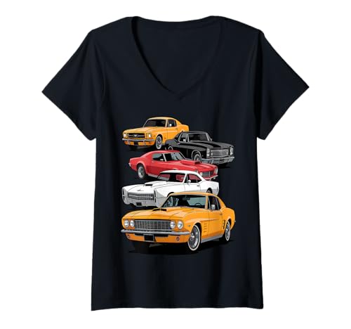 Damen Klassisches Muscle-Car-Lineup, Retro-Auto T-Shirt mit V-Ausschnitt Damen Klassisches Muscle-Car-Lineup, Retro-Auto T-Shirt mit V-Ausschnitt von Vintage Threads