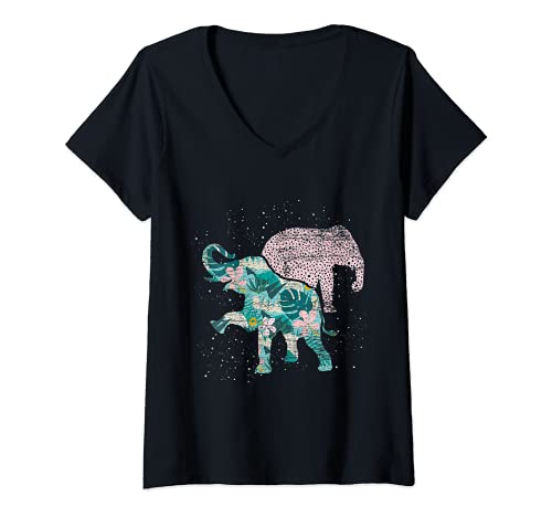 Damen Vintage Elefant T-Shirt mit V-Ausschnitt von Vintage Tier T-Shirts & Geschenkideen
