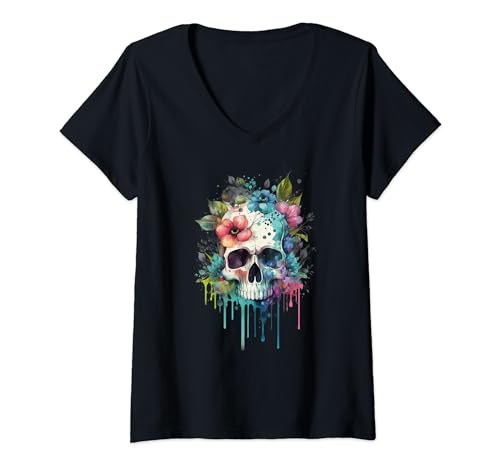 Damen Vintage Totenkopf für Damen Boho Schädel mit Blumen T-Shirt mit V-Ausschnitt von Vintage Totenkopf & Skelett Designs für Damen