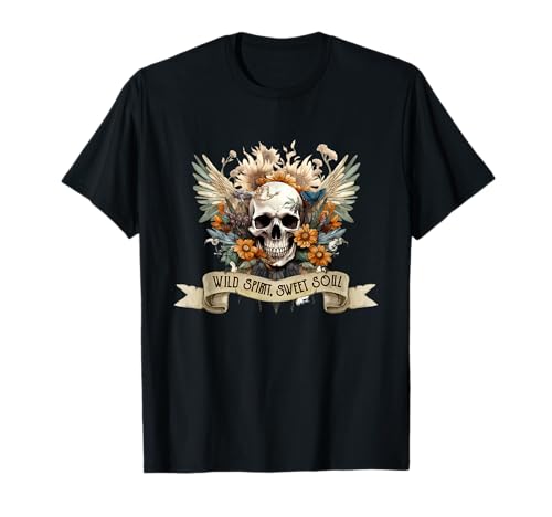 Vintage Totenkopf für Damen Boho Schädel mit Blumen Flügeln T-Shirt von Vintage Totenkopf & Skelett Designs für Damen