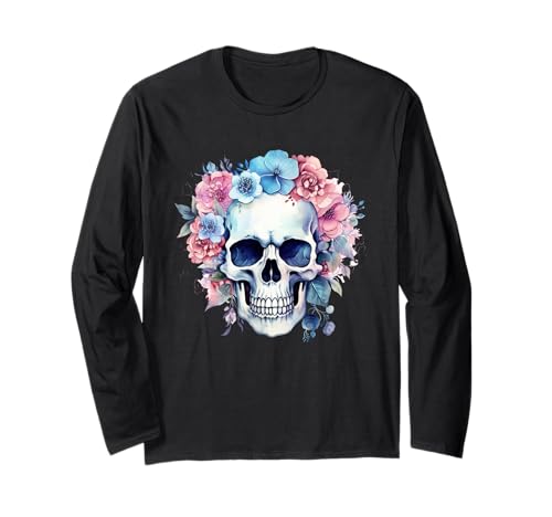 Vintage Totenkopf für Damen Boho Schädel mit Blumen Langarmshirt von Vintage Totenkopf & Skelett Designs für Damen