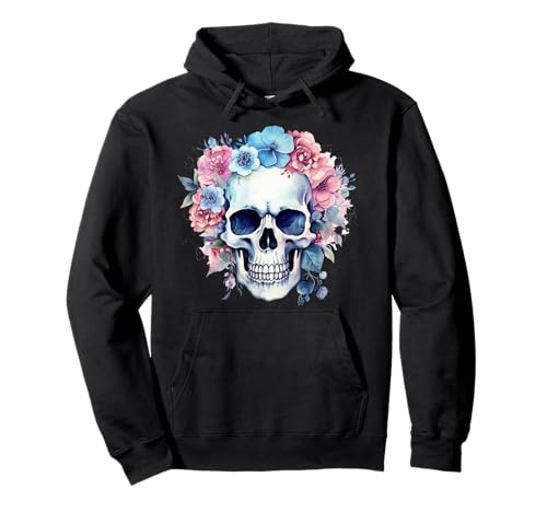 Vintage Totenkopf für Damen Boho Schädel mit Blumen Pullover Hoodie von Vintage Totenkopf & Skelett Designs für Damen