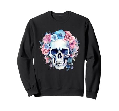 Vintage Totenkopf für Damen Boho Schädel mit Blumen Sweatshirt von Vintage Totenkopf & Skelett Designs für Damen