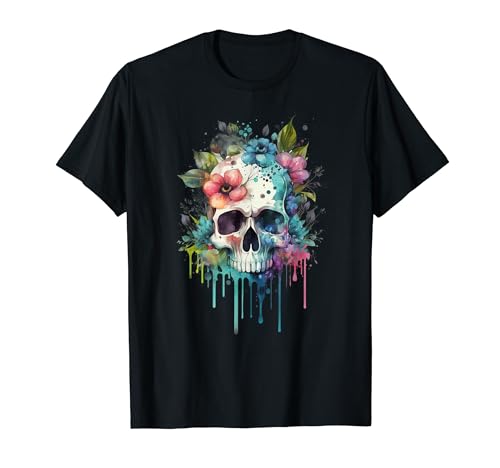 Vintage Totenkopf für Damen Boho Schädel mit Blumen T-Shirt von Vintage Totenkopf & Skelett Designs für Damen