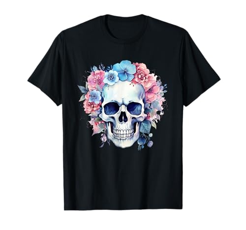 Vintage Totenkopf für Damen Boho Schädel mit Blumen T-Shirt von Vintage Totenkopf & Skelett Designs für Damen