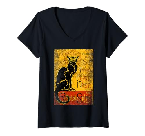 Damen Vintage schwarze Katze Tour du Chat Noir für Halloween T-Shirt mit V-Ausschnitt Damen Vintage schwarze Katze Tour du Chat Noir für Halloween T-Shirt mit V-Ausschnitt von Vintage Tour du Chat Noir Shop