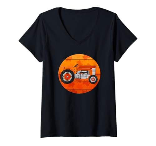 Damen Herbst Traktor Bauer Thanksgiving T-Shirt mit V-Ausschnitt von Vintage Tractor Fall Autumn Farmer By DoodleRob