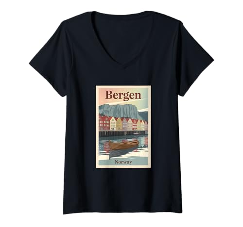Damen Bergen Norwegen Retro Poster Vintage Reise Souvenir T-Shirt mit V-Ausschnitt Damen Bergen Norwegen Retro Poster Vintage Reise Souvenir T-Shirt mit V-Ausschnitt von Vintage Travel Poster Shirts