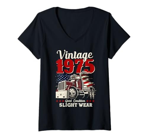 Damen Jahrgang 1975 Trucker zum 47. Geburtstag, 47 Jahre Alter LKW-Fahrer T-Shirt mit V-Ausschnitt Damen Jahrgang 1975 Trucker zum 47. Geburtstag, 47 Jahre Alter LKW-Fahrer T-Shirt mit V-Ausschnitt von Vintage Trucker Born in 1975 47th Birthday Apparel