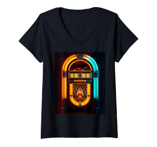 Damen Retro-Jukebox-Musikspieler-Kunstwerk T-Shirt mit V-Ausschnitt Damen Retro-Jukebox-Musikspieler-Kunstwerk T-Shirt mit V-Ausschnitt von Vintage Tunes
