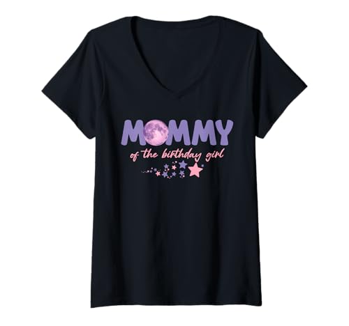 Damen Zwei Der Mond, Mama des Geburtstagskindes, Astronautenfamilie T-Shirt mit V-Ausschnitt von Vintage Two the Moon Astronaut Rocket Gifts