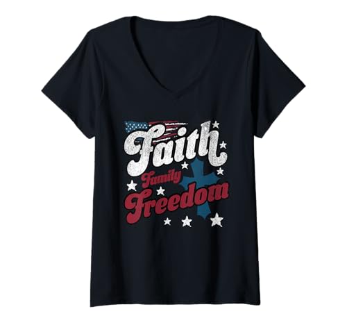 Damen Faith Over Freedom Patriotisch Christian Inspirational USA T-Shirt mit V-Ausschnitt von Vintage US Flag Unity American Strength Quote