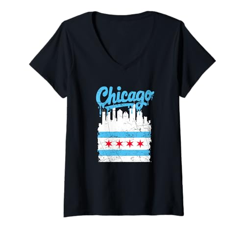 Damen Chicago Flagge Skyline Vintage Drip Distressed USA City Pride T-Shirt mit V-Ausschnitt Damen Chicago Flagge Skyline Vintage Drip Distressed USA City Pride T-Shirt mit V-Ausschnitt von Vintage USA City Street Art Chicago Flag Design