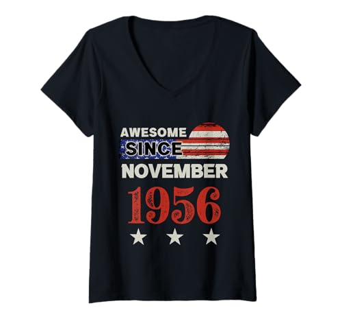 Damen Fantastisch seit 1956, Vintage-Klassiker mit US-Flagge, November 1956 T-Shirt mit V-Ausschnitt von Vintage USA Flag Classic American Flag Birthday