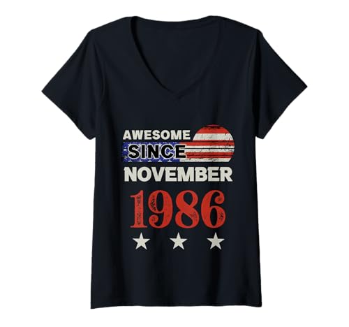 Damen Fantastisch seit 1986, Vintage-Klassiker mit US-Flagge, November 1986 T-Shirt mit V-Ausschnitt von Vintage USA Flag Classic American Flag Birthday