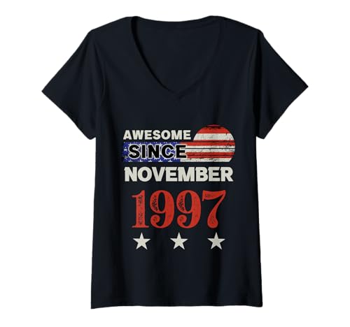 Damen Fantastisch seit 1997, Vintage-Klassiker mit US-Flagge, November 1997 T-Shirt mit V-Ausschnitt von Vintage USA Flag Classic American Flag Birthday
