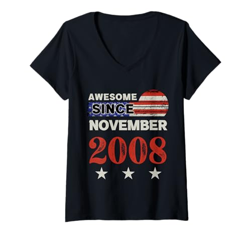 Damen Fantastisch seit 2008, Vintage-Klassiker mit US-Flagge, November 2008 T-Shirt mit V-Ausschnitt von Vintage USA Flag Classic American Flag Birthday