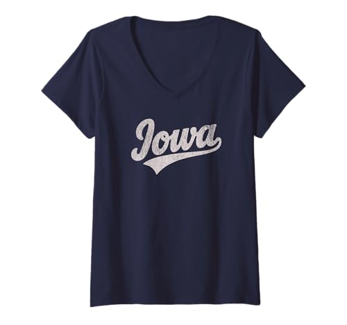 Damen Throwback Vintage Iowa Distressed Print T-Shirt mit V-Ausschnitt von Vintage Varsity City & State Gifts and Apparel