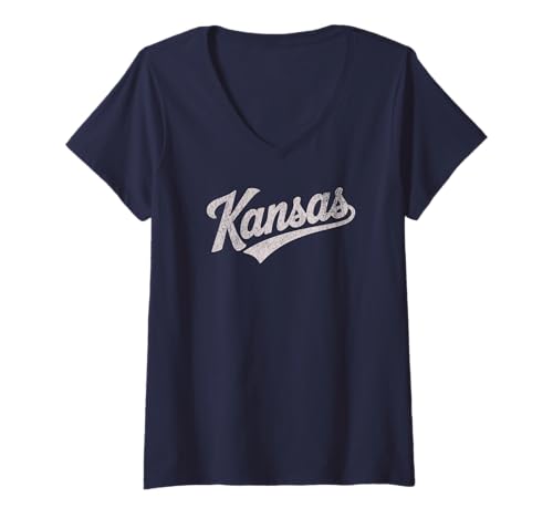 Damen Throwback Vintage Kansas Distressed Print T-Shirt mit V-Ausschnitt von Vintage Varsity City & State Gifts and Apparel
