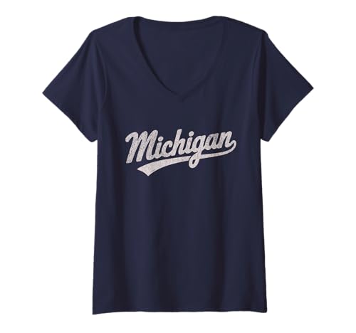 Damen Throwback Vintage Michigan Distressed Print T-Shirt mit V-Ausschnitt von Vintage Varsity City & State Gifts and Apparel
