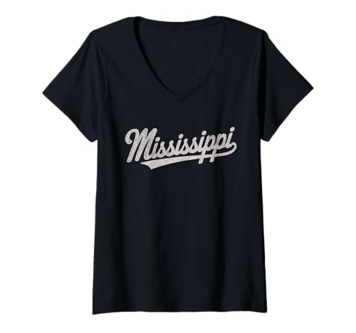 Damen Throwback Vintage Mississippi Distressed Print T-Shirt mit V-Ausschnitt von Vintage Varsity City & State Gifts and Apparel