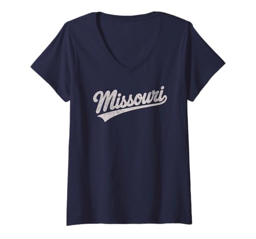 Damen Throwback Vintage Missouri Distressed Print T-Shirt mit V-Ausschnitt von Vintage Varsity City & State Gifts and Apparel