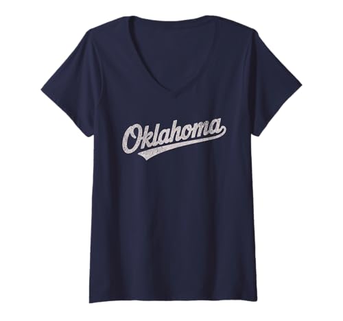 Damen Throwback Vintage Oklahoma Distressed Print T-Shirt mit V-Ausschnitt von Vintage Varsity City & State Gifts and Apparel