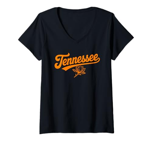 Damen Throwback Vintage Tennessee with Flower Adults and Kids Fun T-Shirt mit V-Ausschnitt von Vintage Varsity City & State Gifts and Apparel