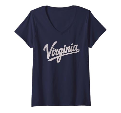 Damen Throwback Vintage Virginia Distressed Print T-Shirt mit V-Ausschnitt von Vintage Varsity City & State Gifts and Apparel