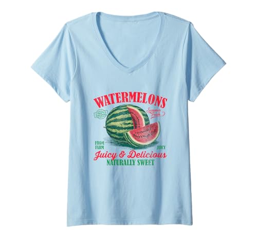 Damen Wassermelonen Juicy Delicious Sweet Watermelon Retro Grafik T-Shirt mit V-Ausschnitt von Vintage Watermelon Illustration Farm Style Fruit