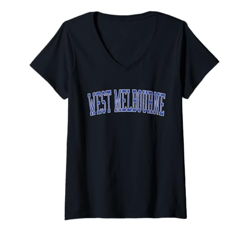Damen West-Melbourne-FL-Vintage-Stil, blau, im Used-Look T-Shirt mit V-Ausschnitt Damen West-Melbourne-FL-Vintage-Stil, blau, im Used-Look T-Shirt mit V-Ausschnitt von Vintage West Melbourne Blue Varsity Text Apparel